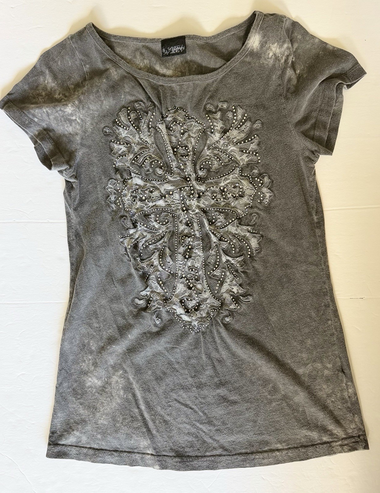 Daytrip Gray Beaded Rhinestone Embellished T-Shirt Round Neck Short Sleeve M