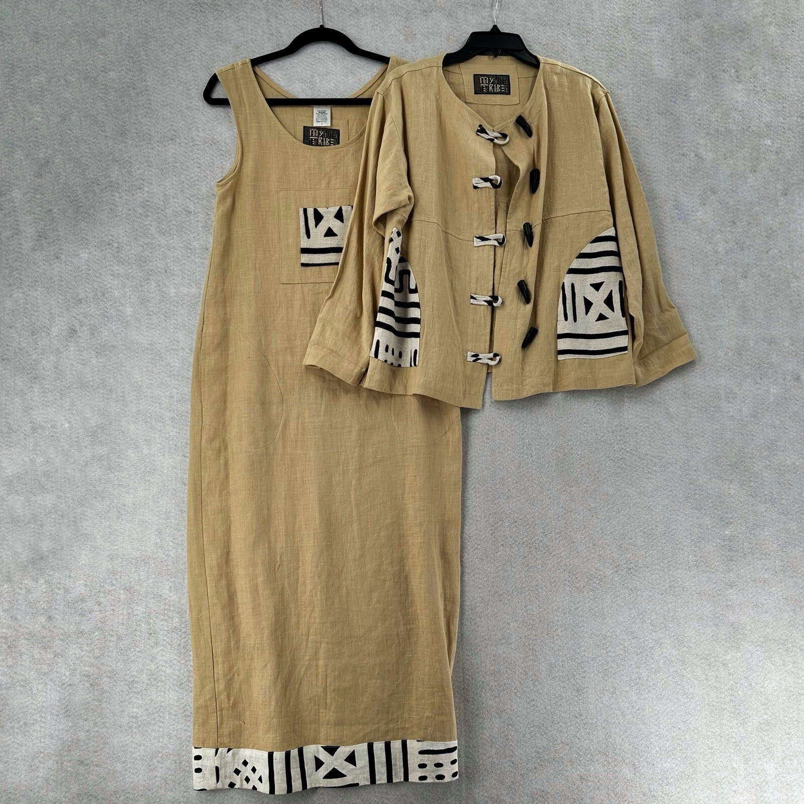 Vtg My Tribe Joy Burton Linen Dress SMALL Beige 2-Piece Dress Jacket Aztec Maxi