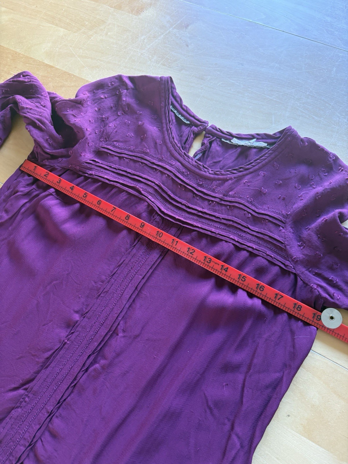 White Stuff Top UK 14 Purple Plum Textured Smock Blouse 3/4 Sleeve Pleated