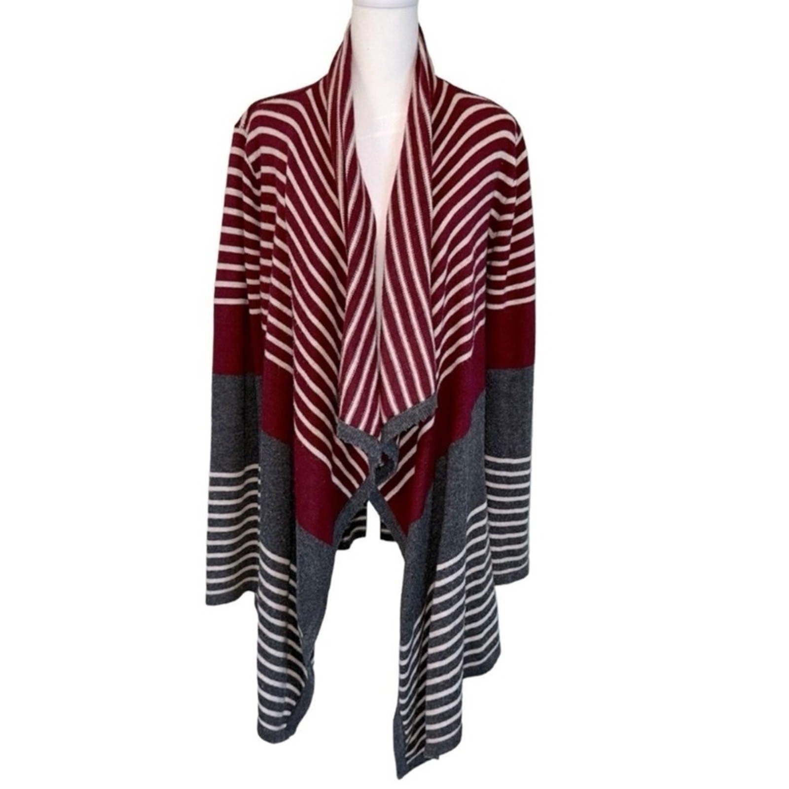 Mystree Red and Gray Cozy Striped Waterfall Open Cardigan – Women’s XSmall