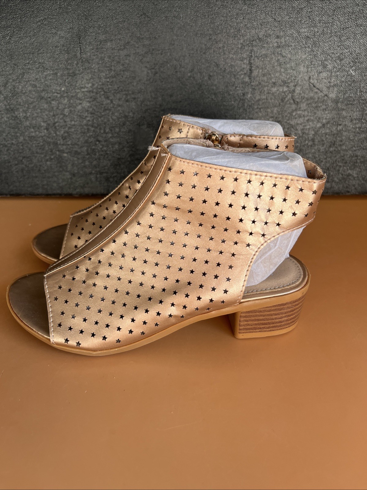 Nicole Miller Shoes Size 4 Gold, Star, Open Toe Zip Boot Open Heel