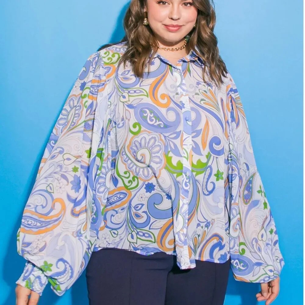 Flying Tomato Feeling Joyful Woven Button Down Blue Top Size Small