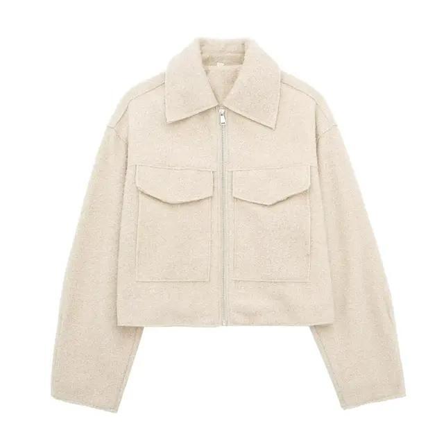 Women’s Cropped Jacket with Zipper Front & Pockets | Casual Turn-Down Collar