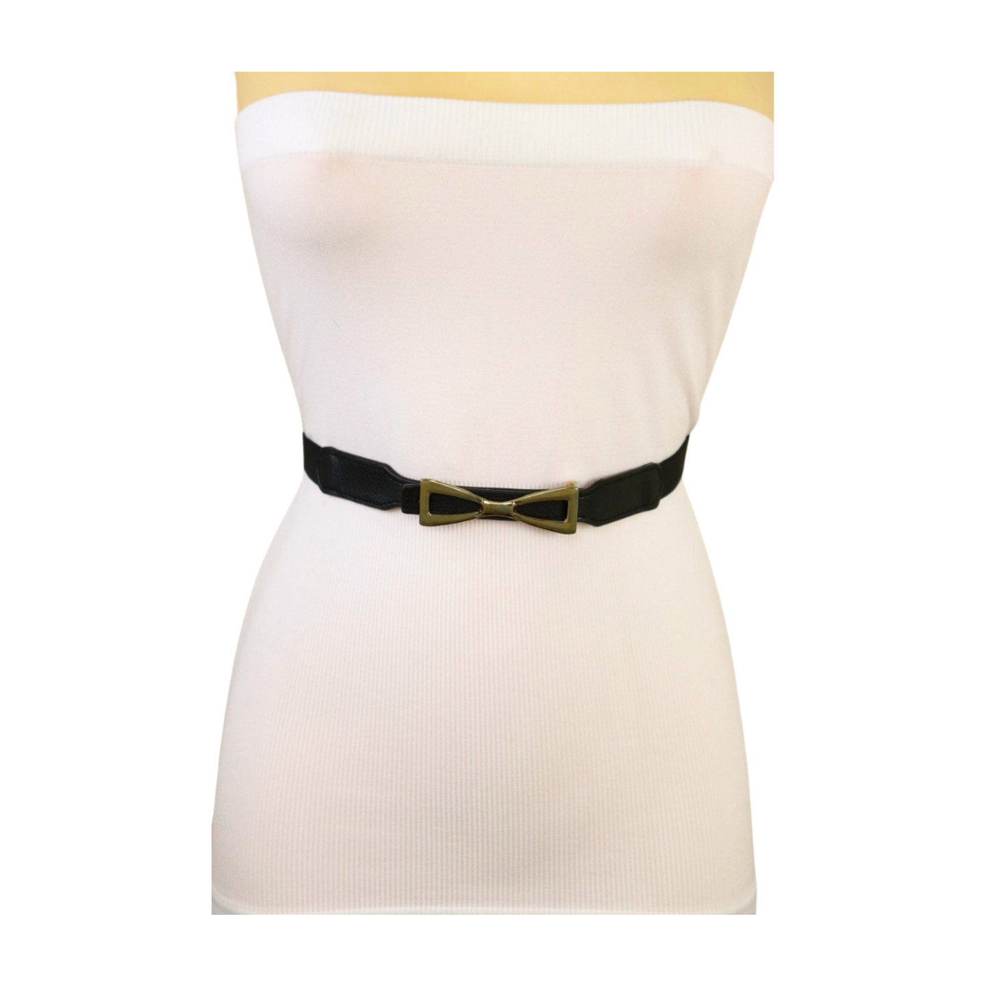 Women Black Elastic Strap Narrow Belt Rusty Gold Metal Bow Tie Ribbon Buckle S M