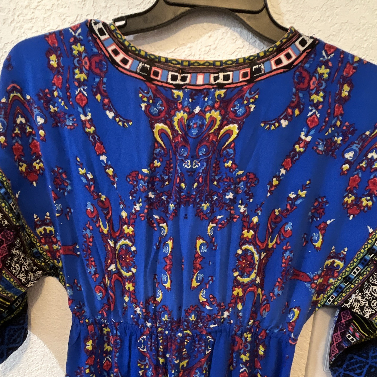 Flying Tomato Paisley Blue/Multicolor V-Neck Kimono Sleeve Maxi Dress M