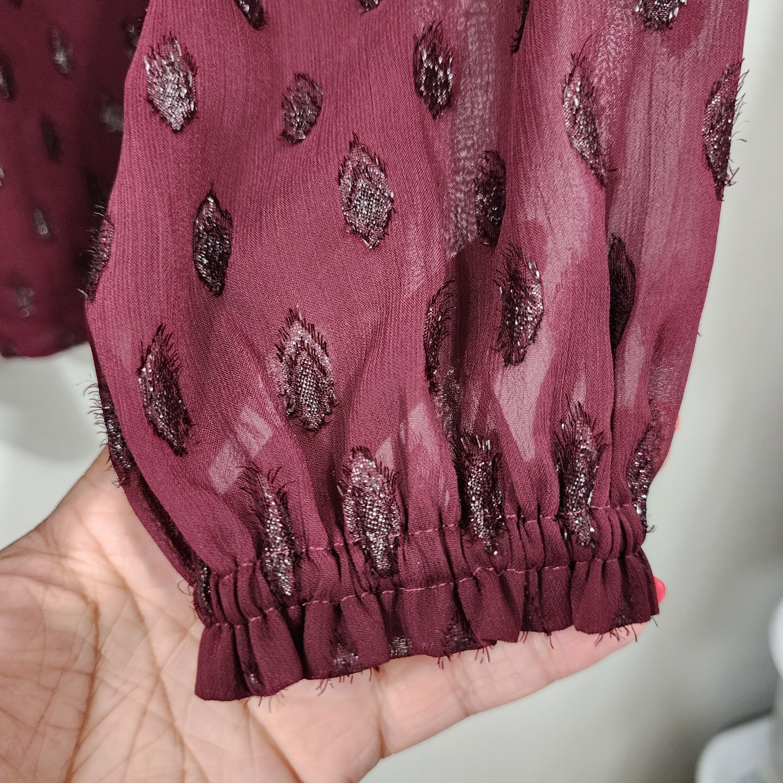 LOFT Shimmer Vine & Geo Clip Pleated Yoke Tops Set Womens L Long Sleeve Sheer