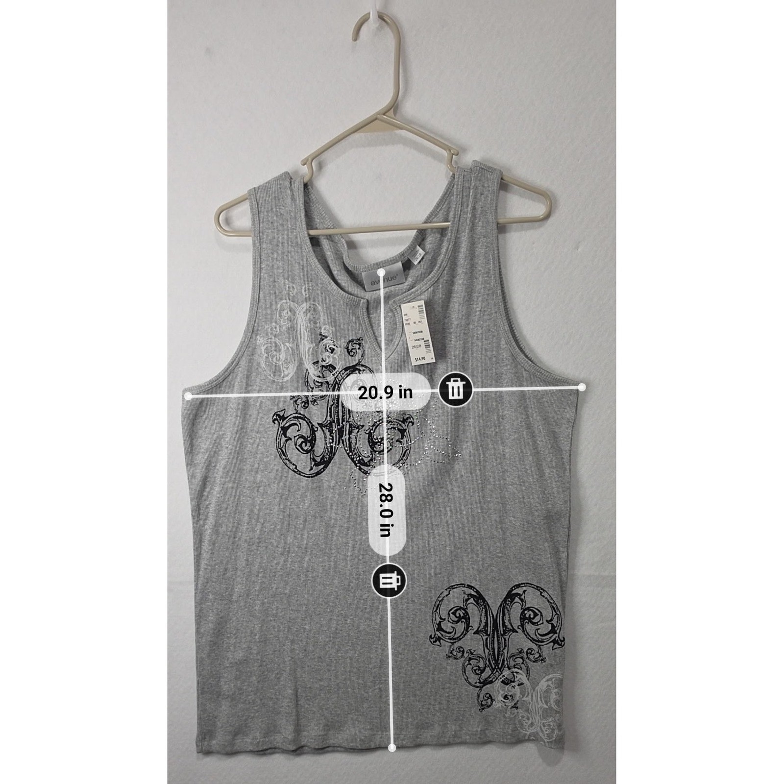 Avenue Gray Ribbed Tank Top Plus Size 26/28 Scroll Graphic Rhinestone NWT