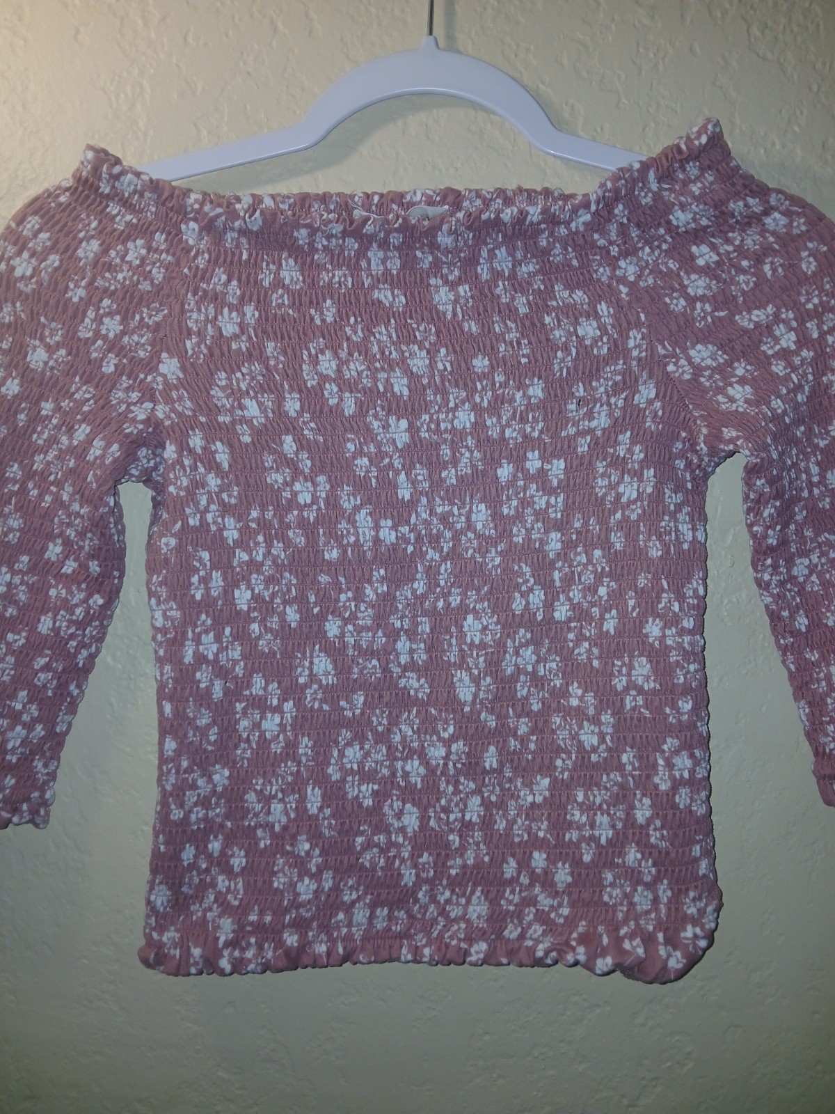 Pink White Floral Smocked Ruffle Off-Shoulder 3/4 Raglan Peasant Blouse L14 Kids