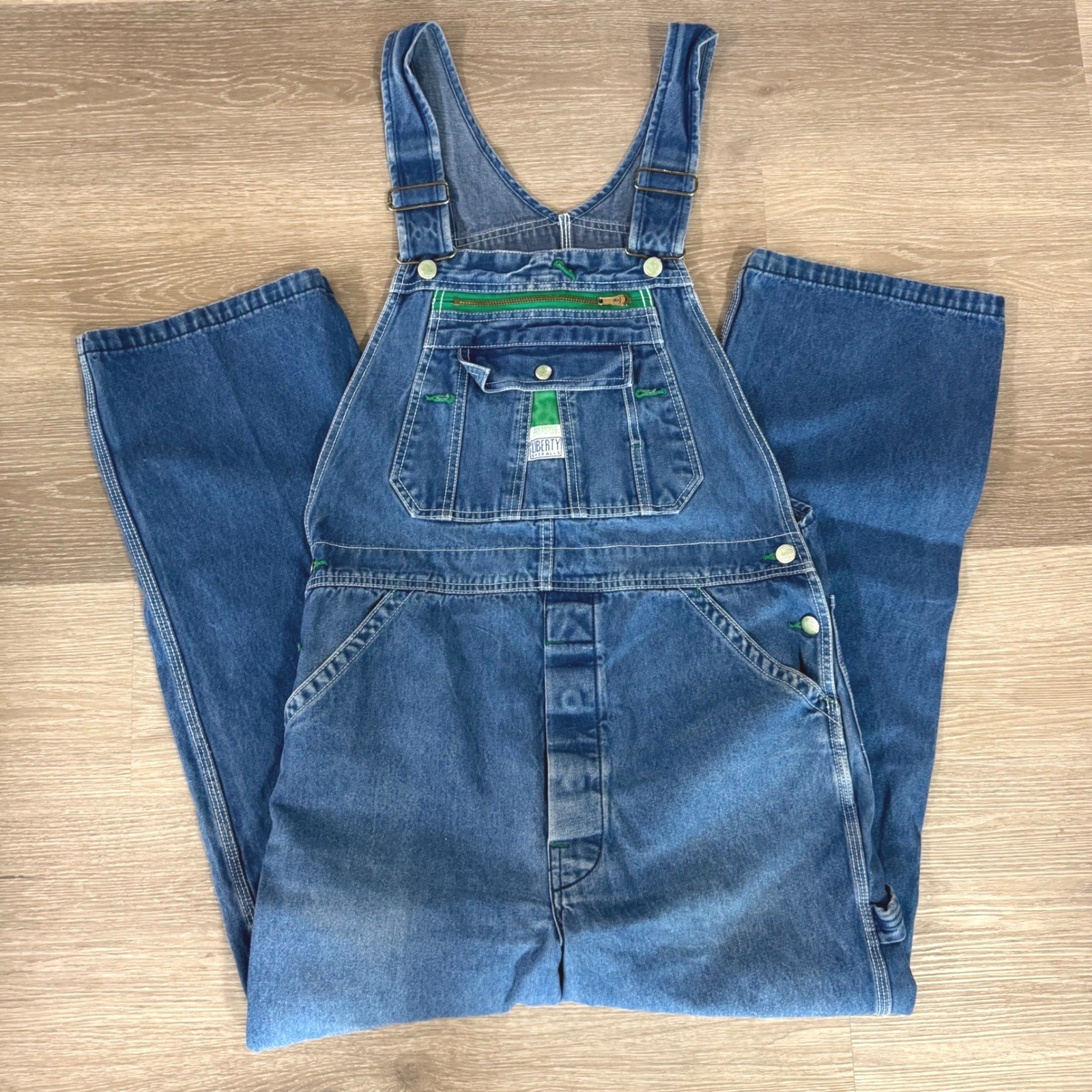 Vtg Liberty Overalls Mens 36×32 Blue Denim Bib Workwear Carpenter Green Accents