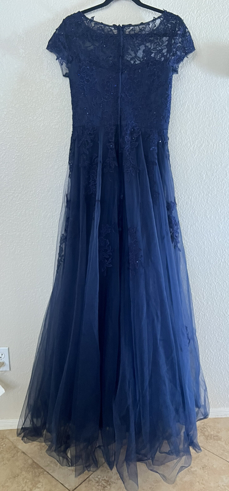 New La Femme 27920 Lace Bateau Tulle A-line Gown In Navy Sz 4 $578