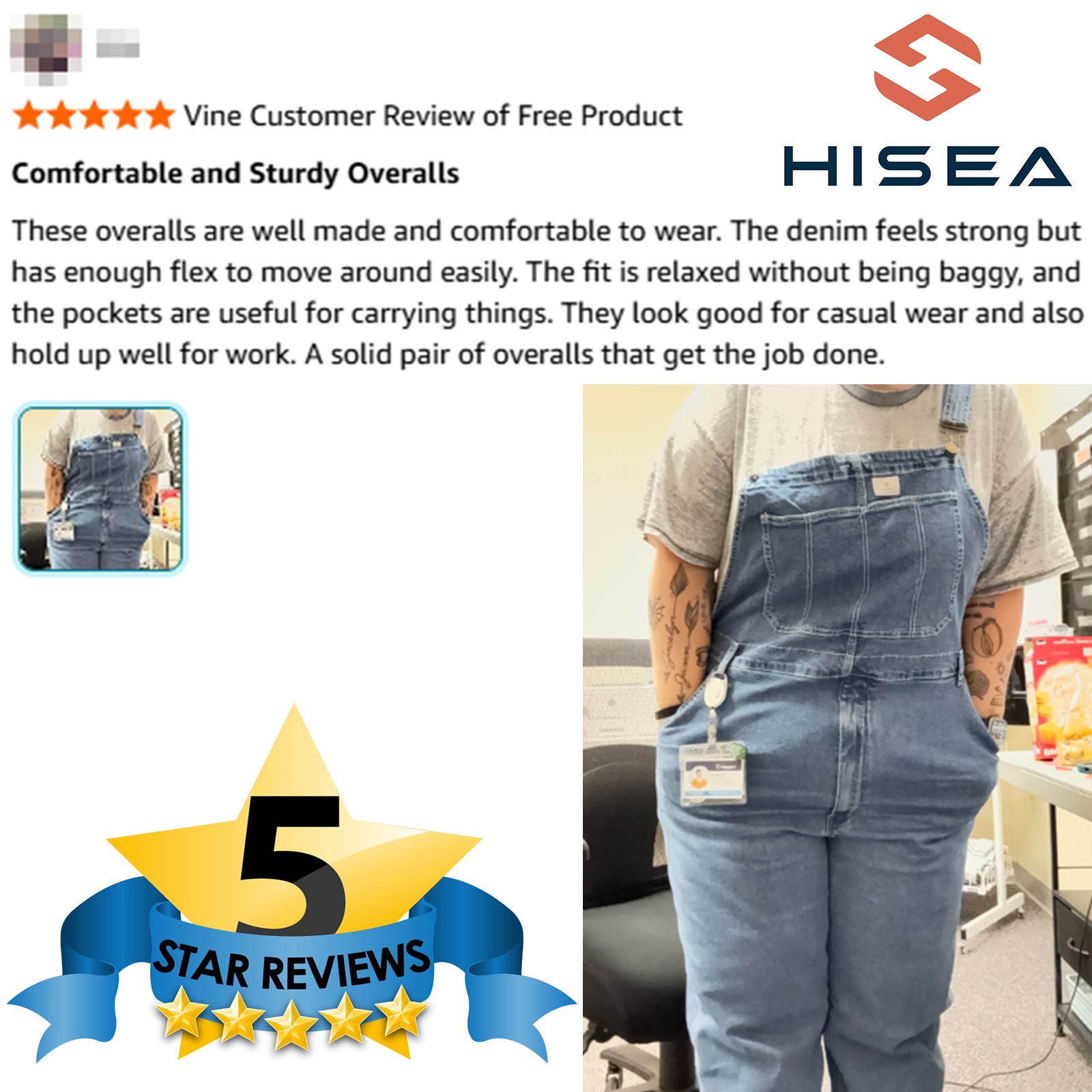 HISEA Men Flex Denim Bib Overalls Relaxed Fit Workwear Tapered Leg Jumpsuit Jean
