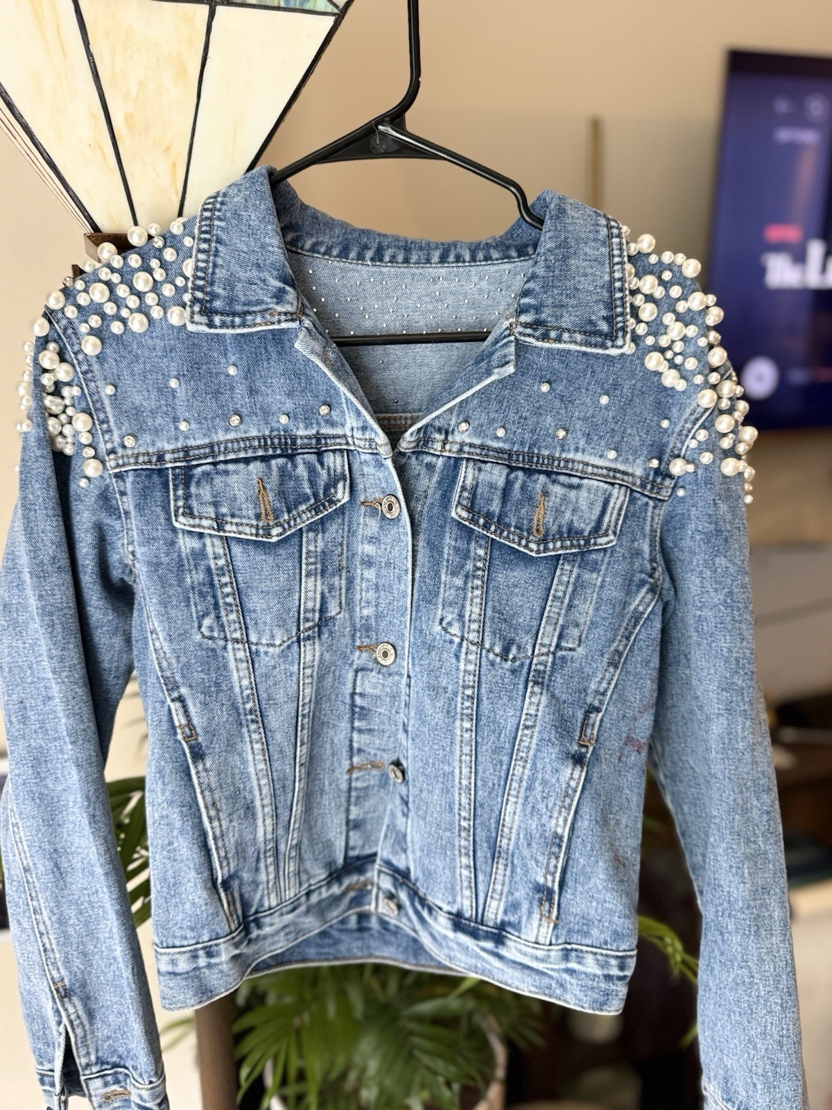 Custom Pearl Embellished Denim Jacket Rhinestone Studded Blue Jean Jacket W Med
