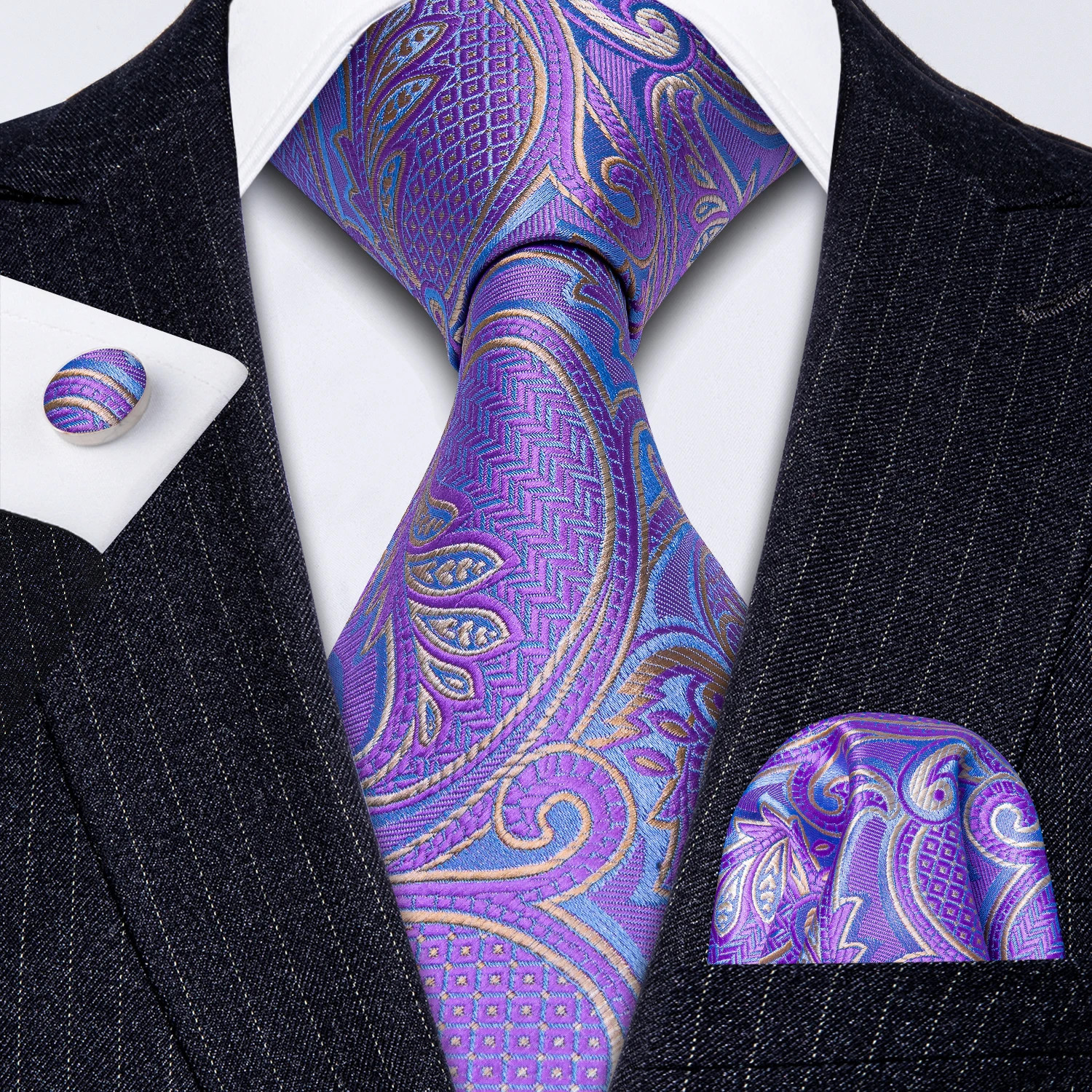 Silk Jacquard Tie Set Floral Violet Necktie Hanky Cufflinks Wedding Men’s Ties
