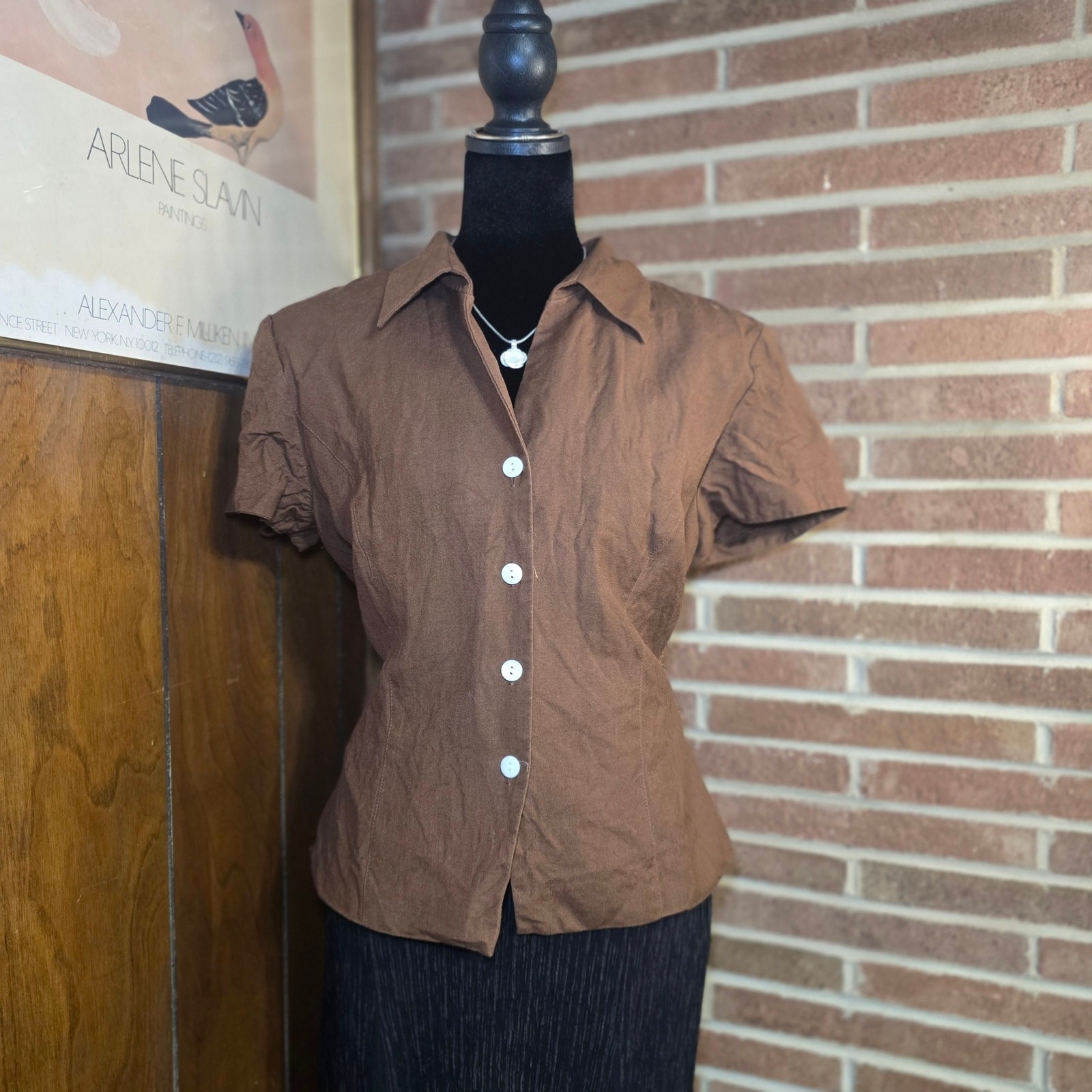 Vintage Jessica Howard 90s Brown Linen Blend Button Up Blouse Top Size 16 Lined