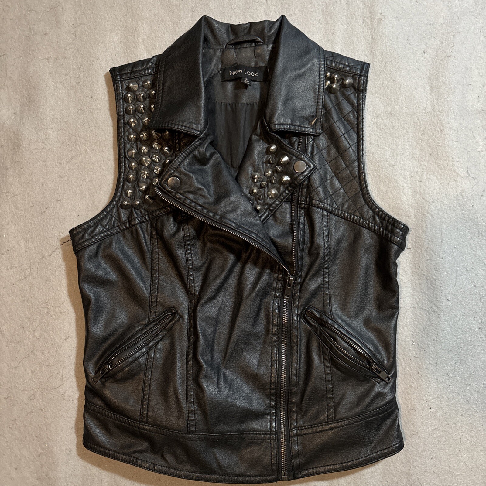 New Look Studded Spikes Vest Moto Rock Band Alien Patch