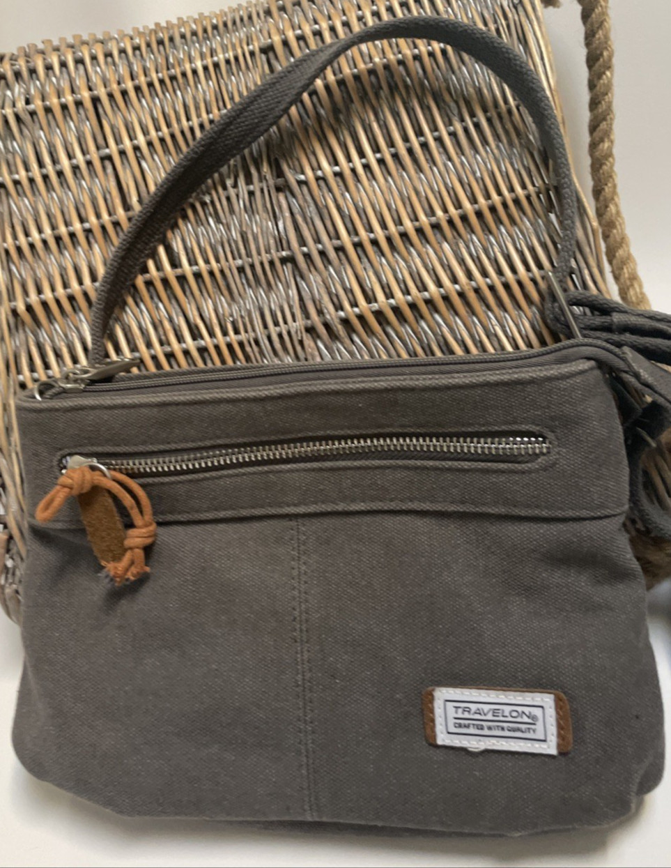 Travelon Anti-Theft Heritage Women’s Crossbody Bag Purse Gray Canvas RFIDw/light