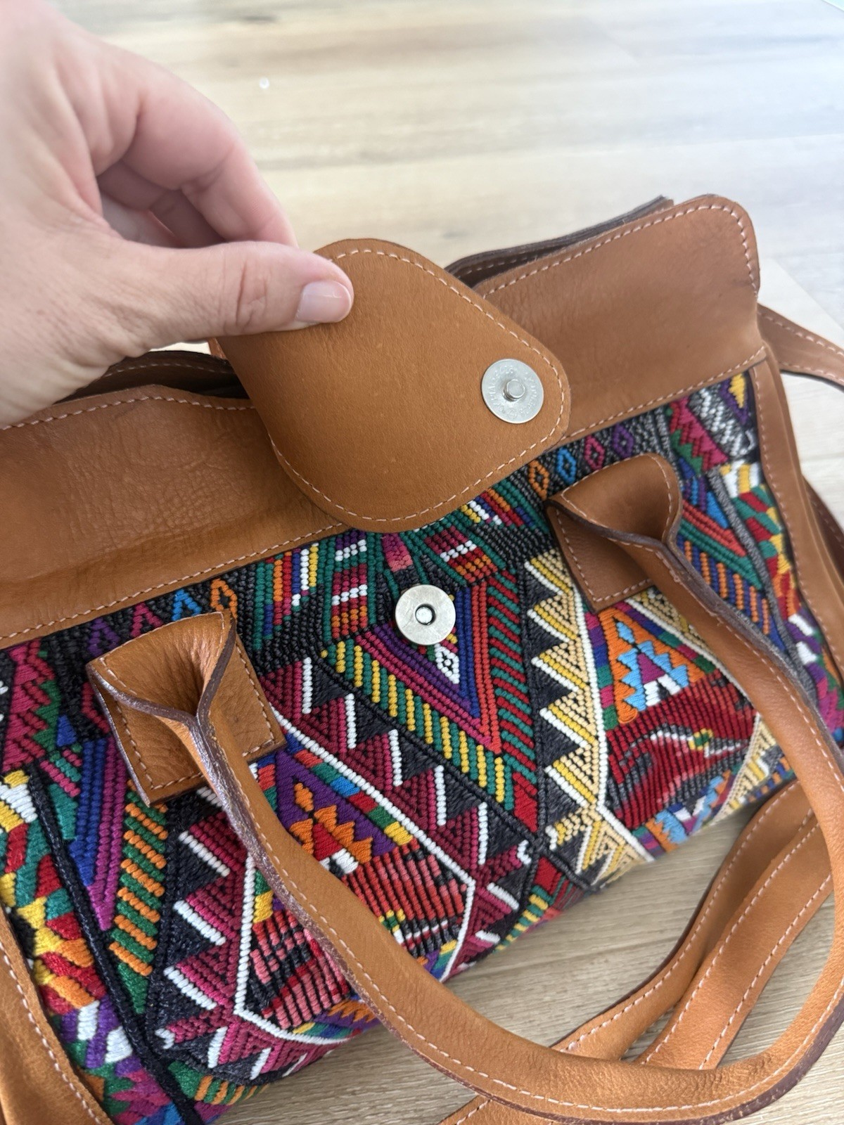 Brown Multicolor Geometric Satchel Top Handle Bag w/ Detachable Crossbody Strap