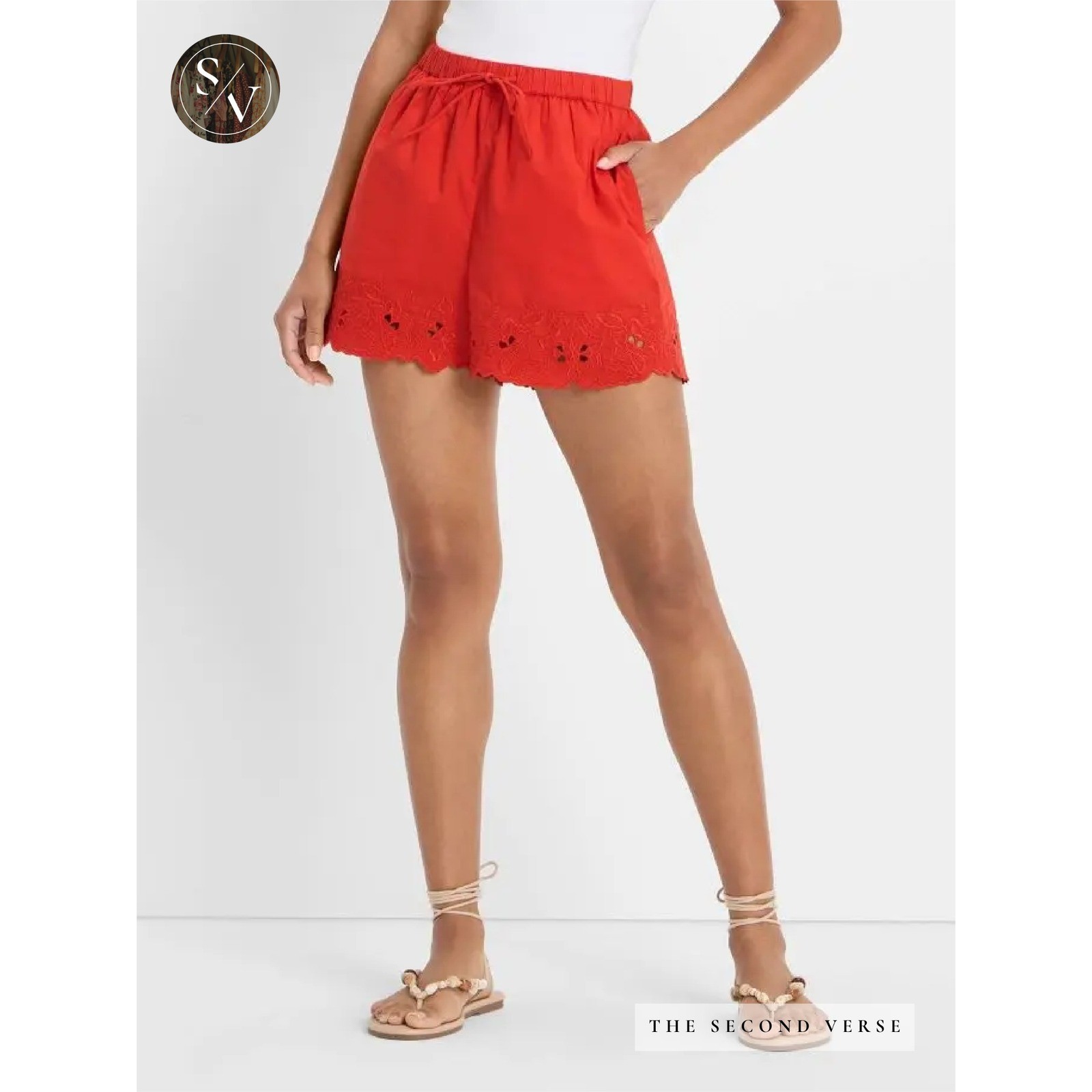 Future Collective Shorts Womens XL Eyelet Scalloped Hem Drawstring Red XL