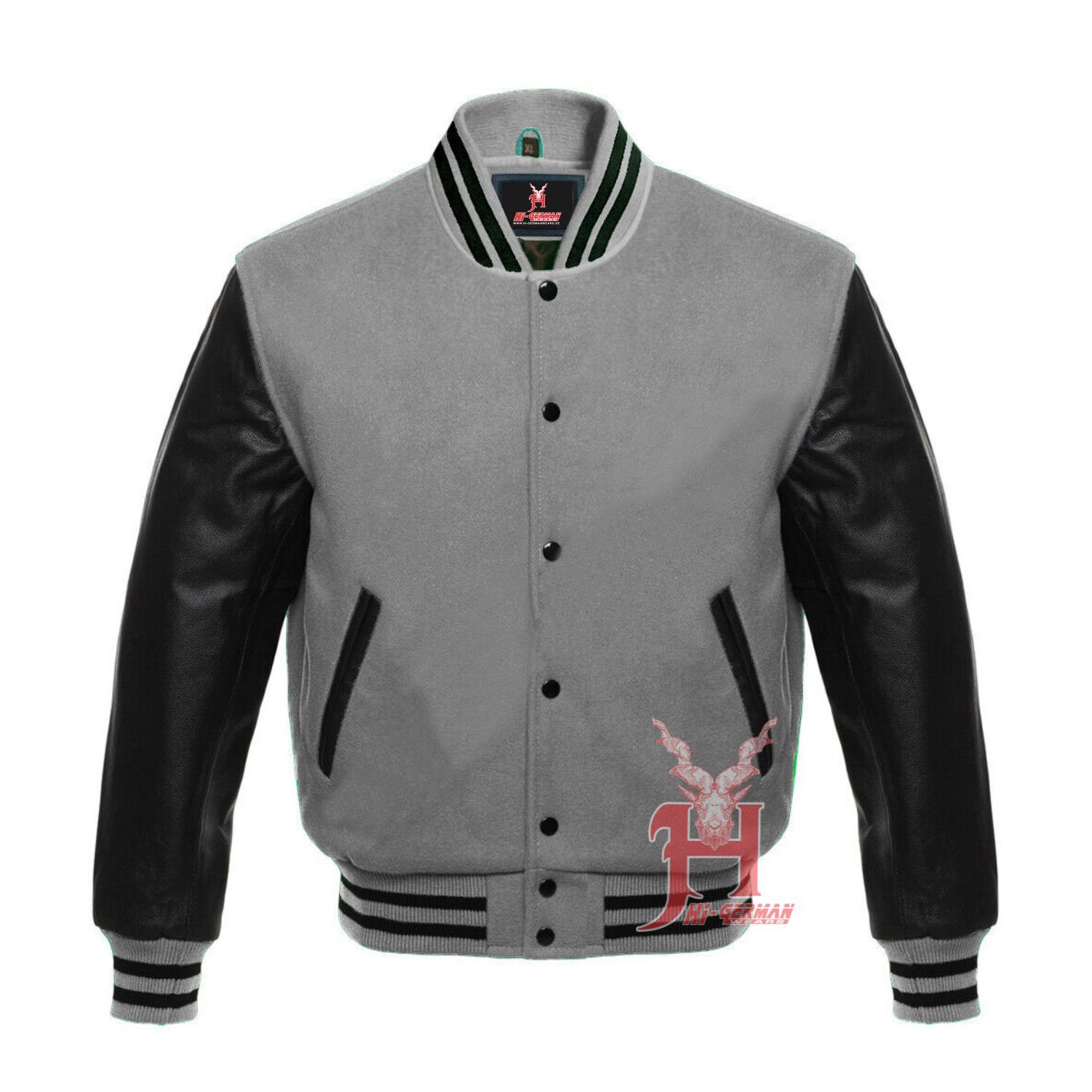 Varsity Men’s Letterman Baseball Gray Wool Genuine Black Leather Sleeves Jackets