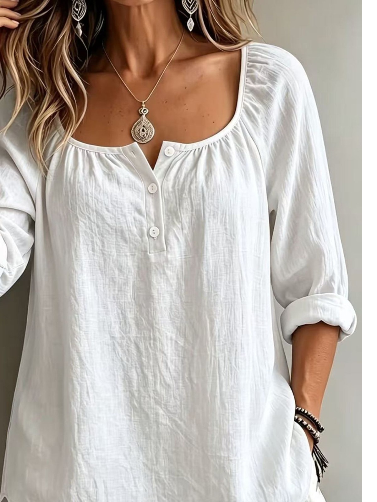 Voidism – Womens Button Detail Long Sleeve Top. A Casual Pullover.