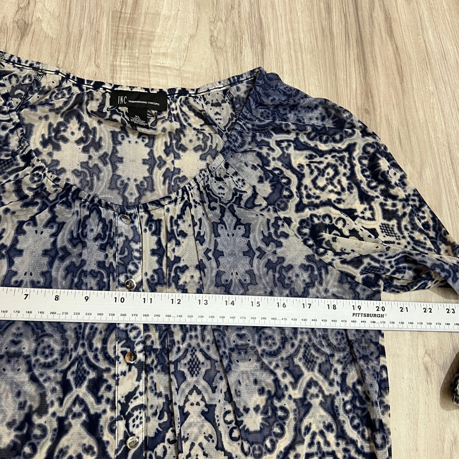 INC International Concepts Mesh Blouse XL Blue Gray Damask Paisley 3/4 Sleeve