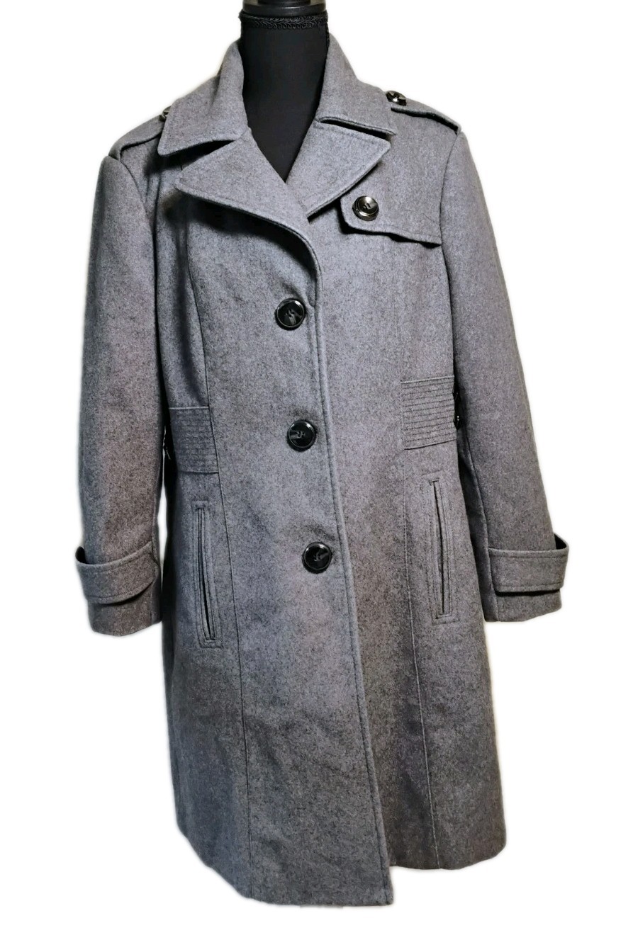 Kenneth Cole New York Womens Wool Trench Coat Single Breasted Grey Size 14