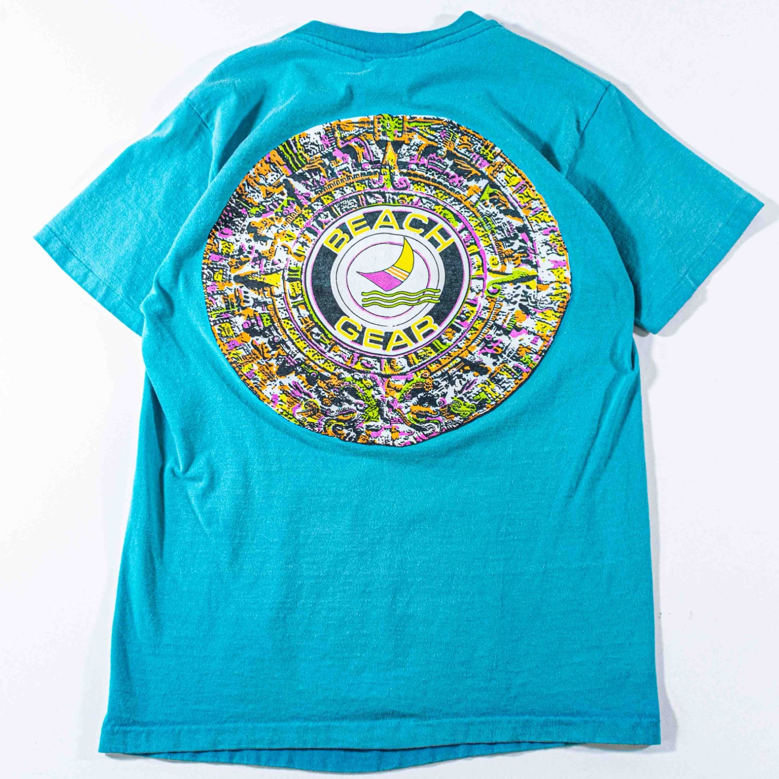 Vtg 90s Beach Gear Surf Skate Ocean Neon T-Shirt Medium Pop Art Sun Faded