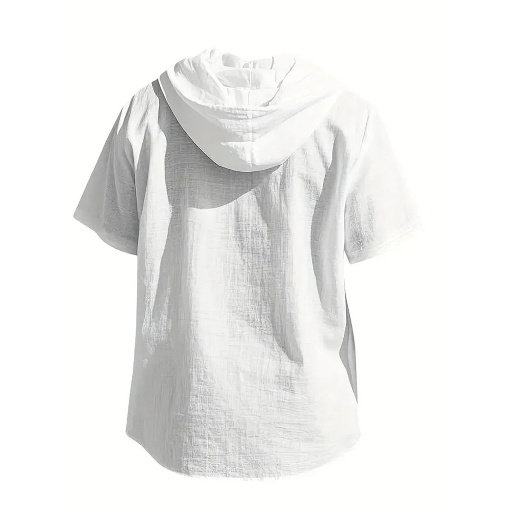 Men Cotton Linen Hooded Shirt Short Sleeve Breathable Casual Hoodie Summer Gift