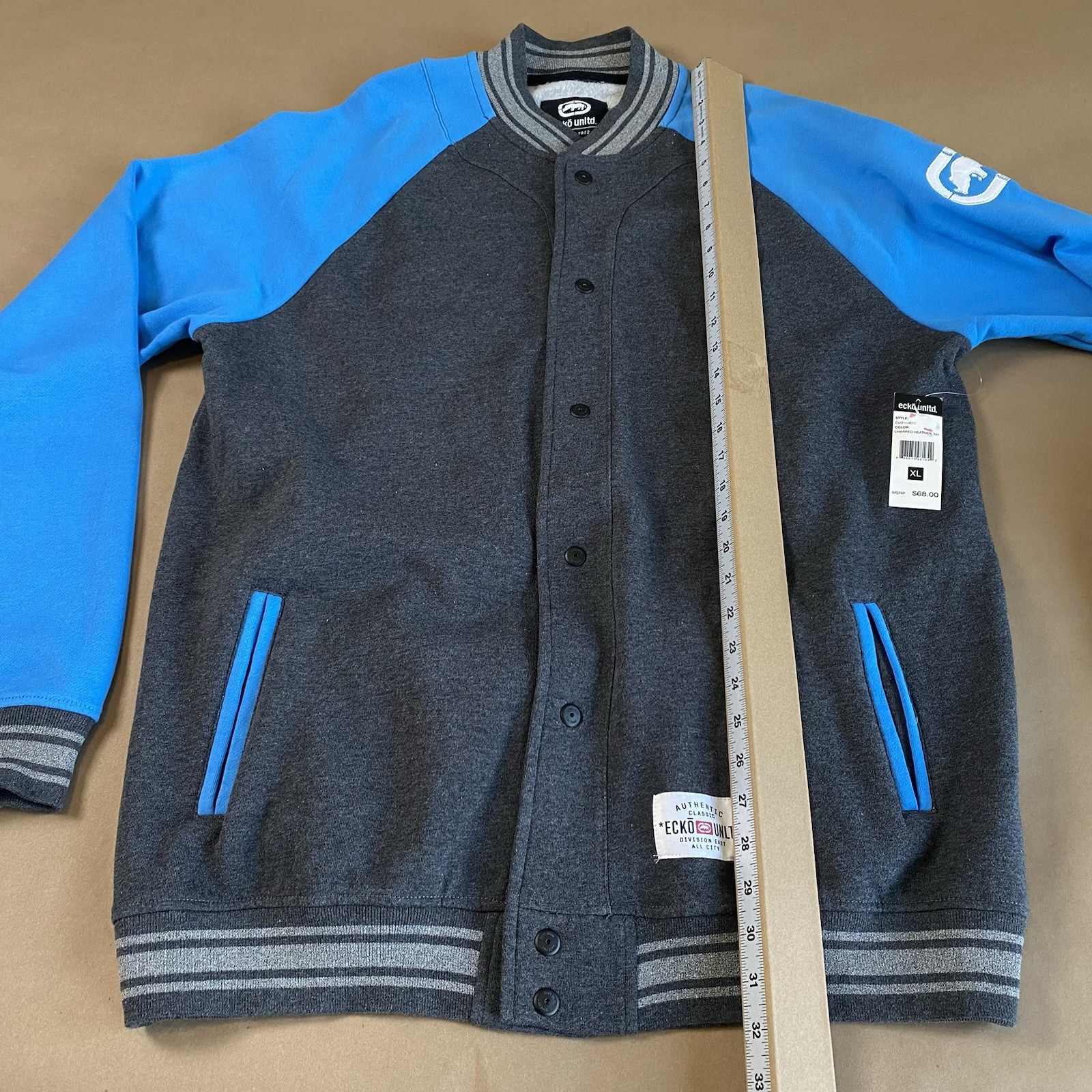 Ecko Unltd XL X-Large Button-Up Sweatshirt Jacket Rhino Logo Men Blue Gray