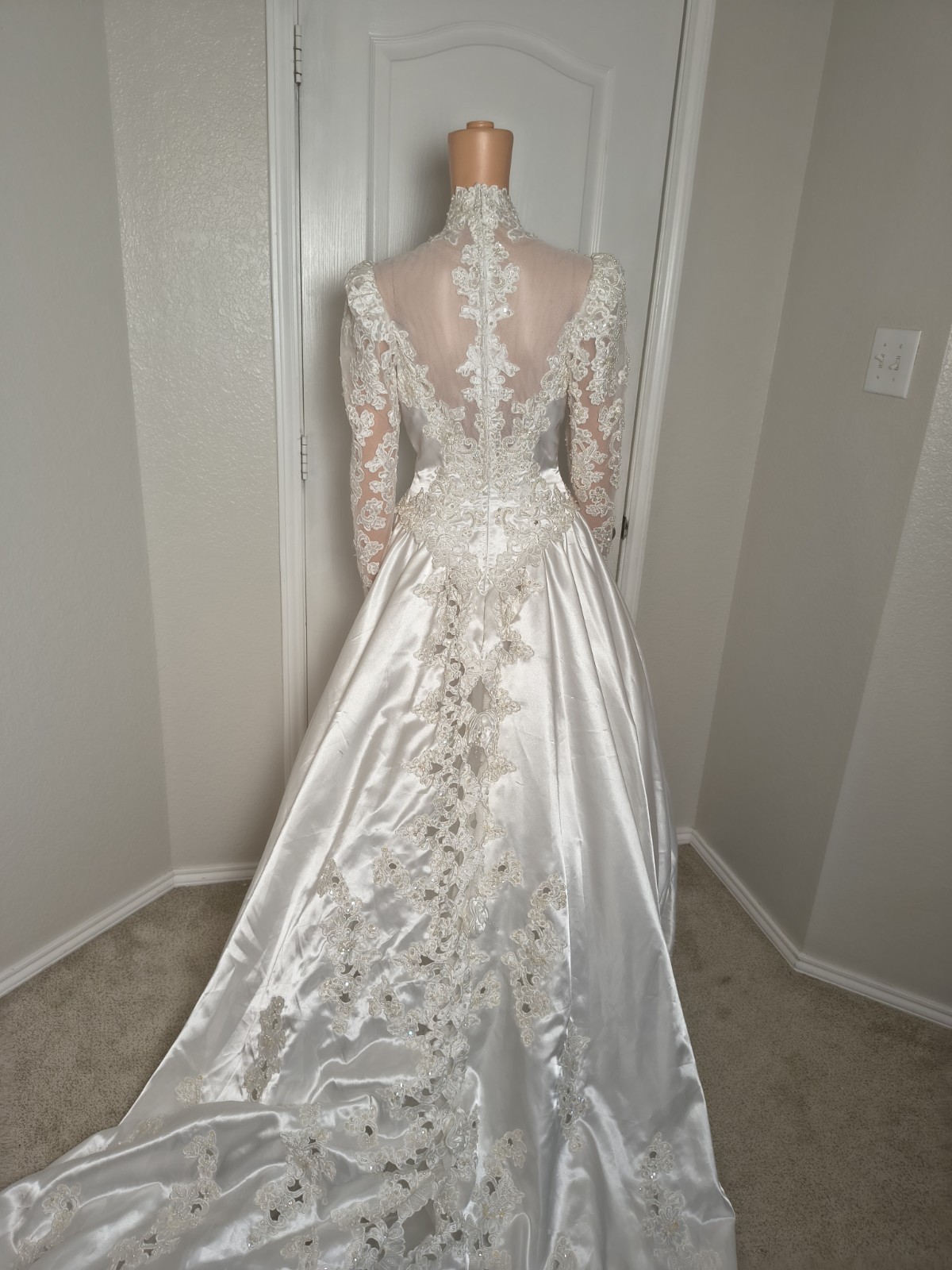Vintage Victorian High Neck Wedding Dress Satin Lace 80s 90s Size 8 Mori Lee -43