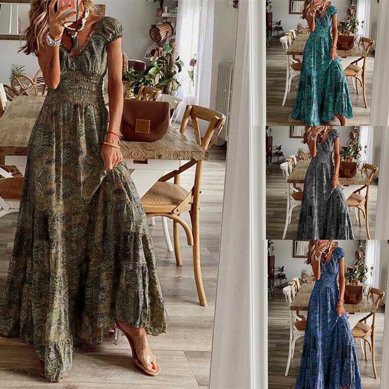Women’s Sundress Neck Beach Boho Summer Maxi Holiday Dress V Ladies Floral