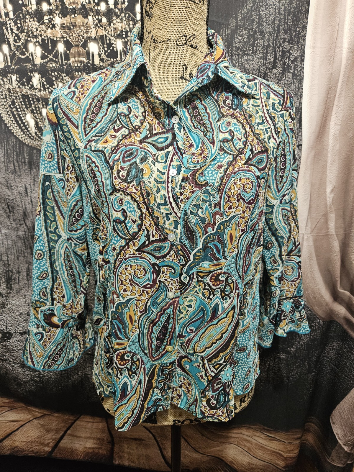 NICOLA, WOMEN’S TEAL/RUST POLY 3/4 RUFFLED SLEEVED SHEER PAISLEY BLOUSE, SIZE S