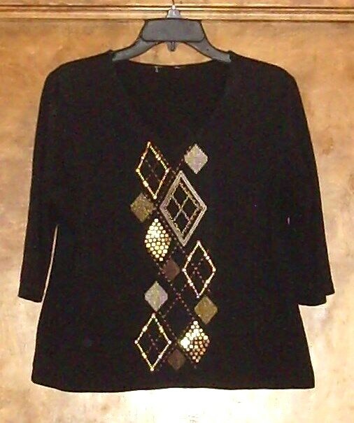 Unknown Brand V-Neck Knit Top, Sz PXL, 3/4 sleeves, Black w/gold beads, etc