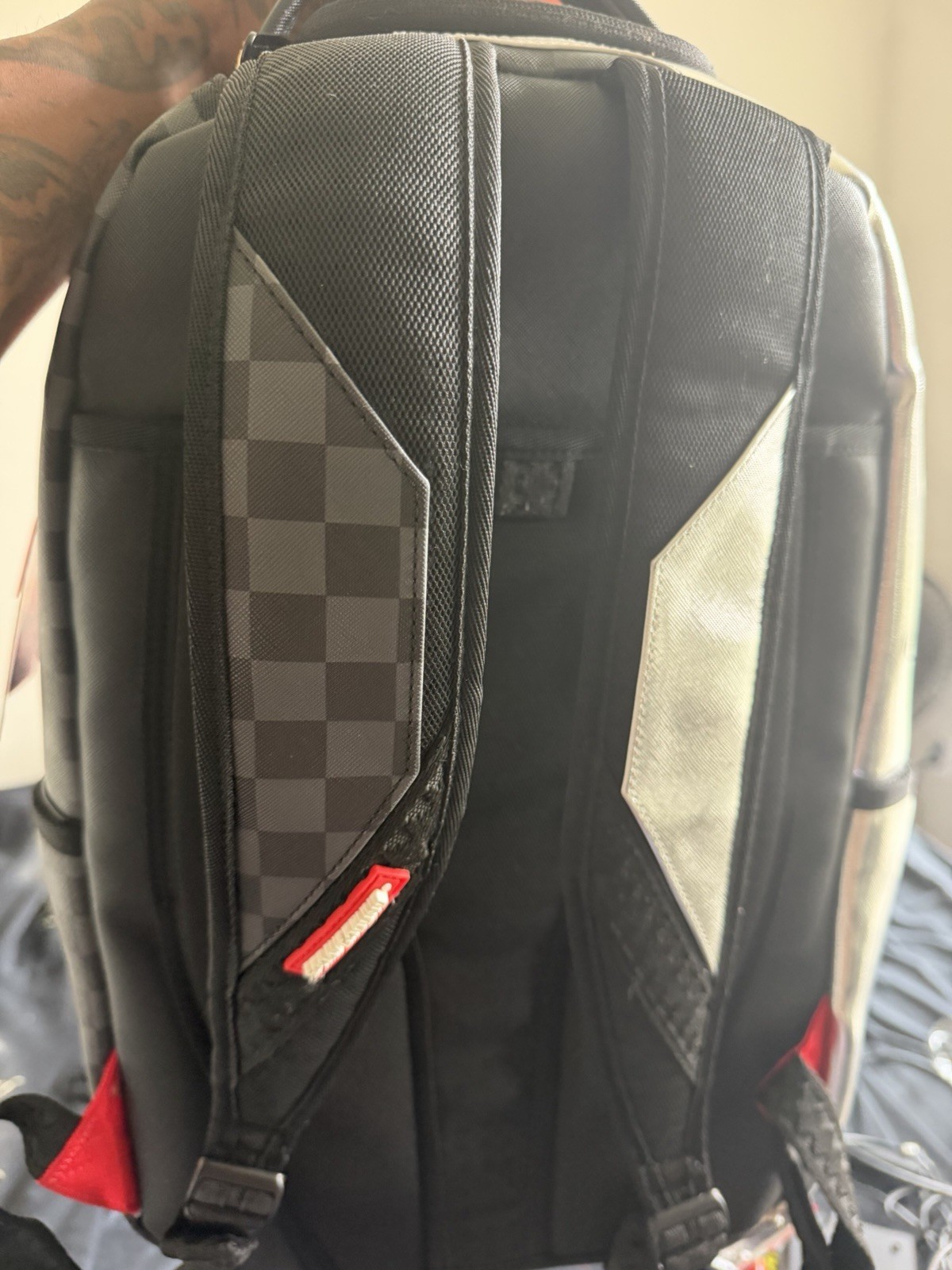 Sprayground Sharkmouth Checkered Backpack Black/Silver/Red Zip Men Large