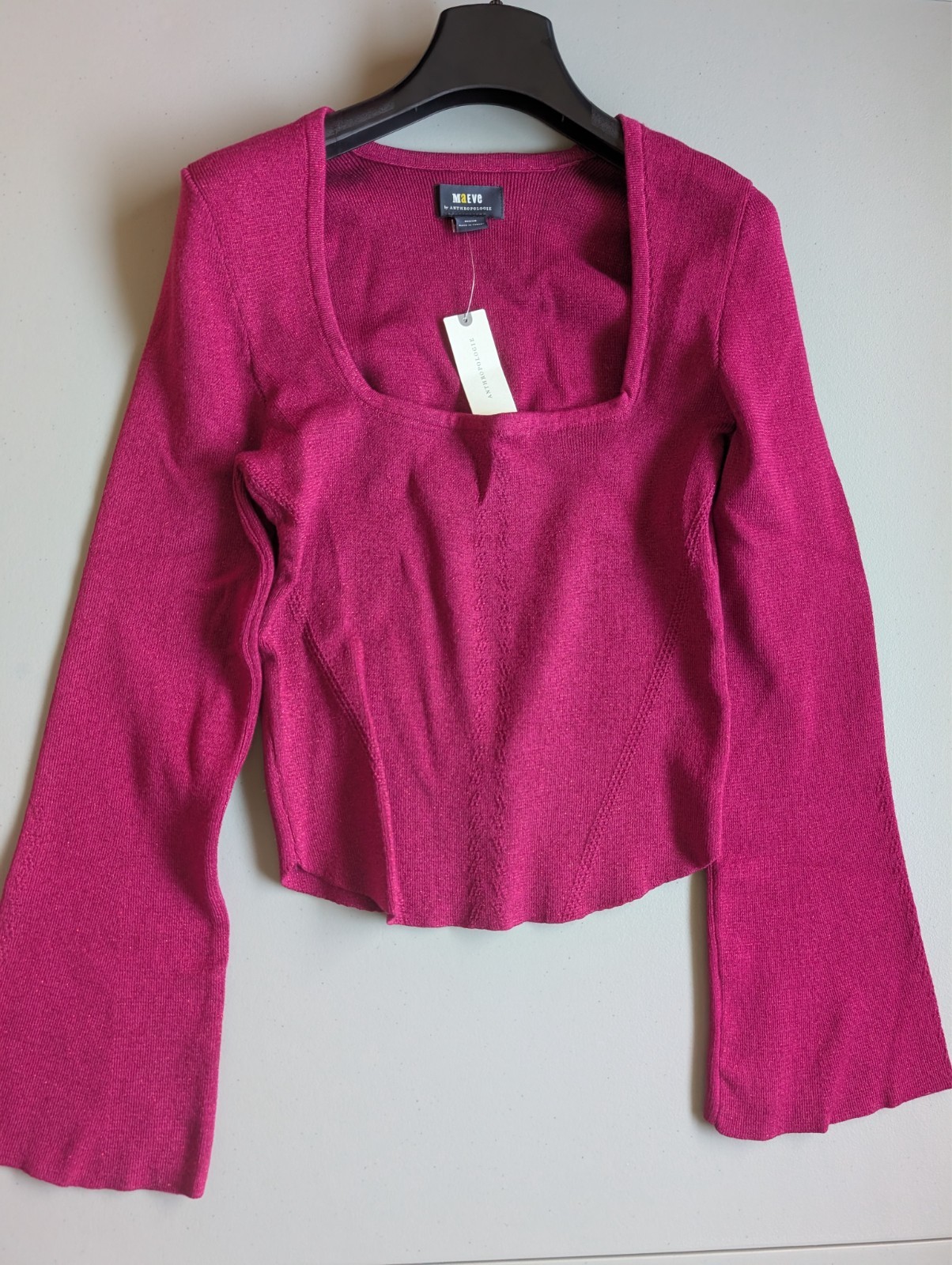 NWT Anthropologie Maeve Square-Neck Bell-Sleeve Sweater Size M Raspberry #B1409