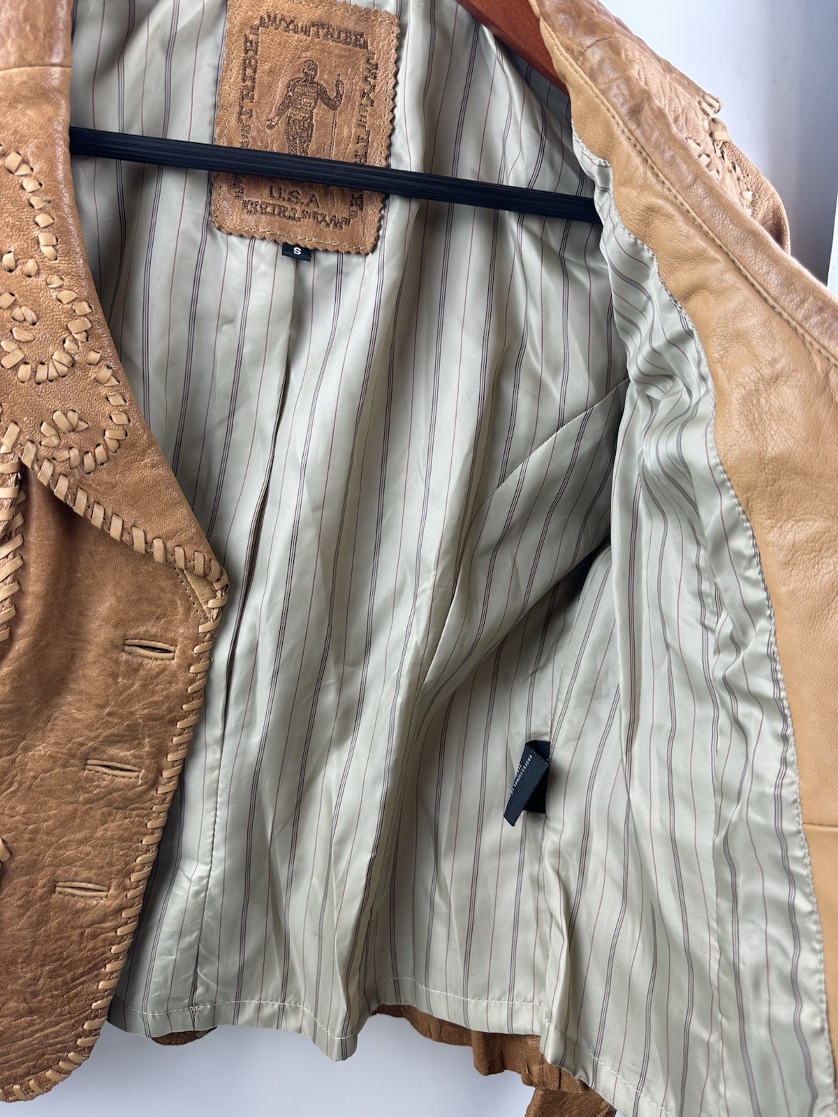 My Tribe Jacket Orange Thick Leather Whipstitch Lined Metal Button Small USA S