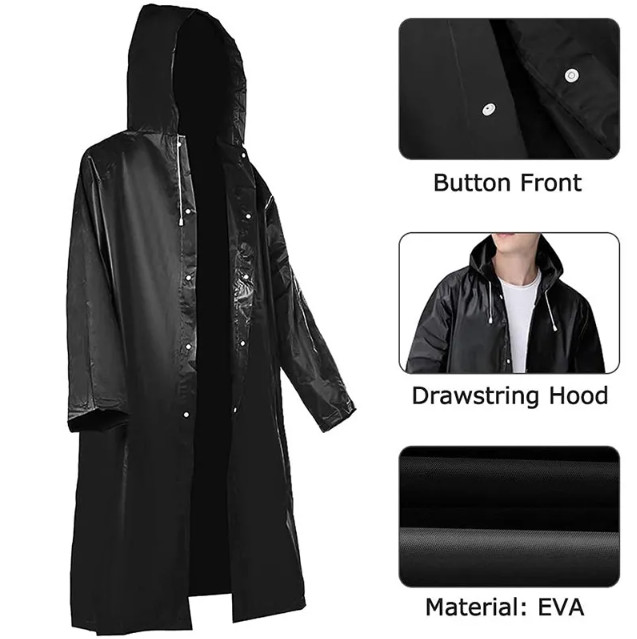 Men Black Waterproof Long Raincoat Rain Coat Hooded Trench Jacket Outdoor Hiking