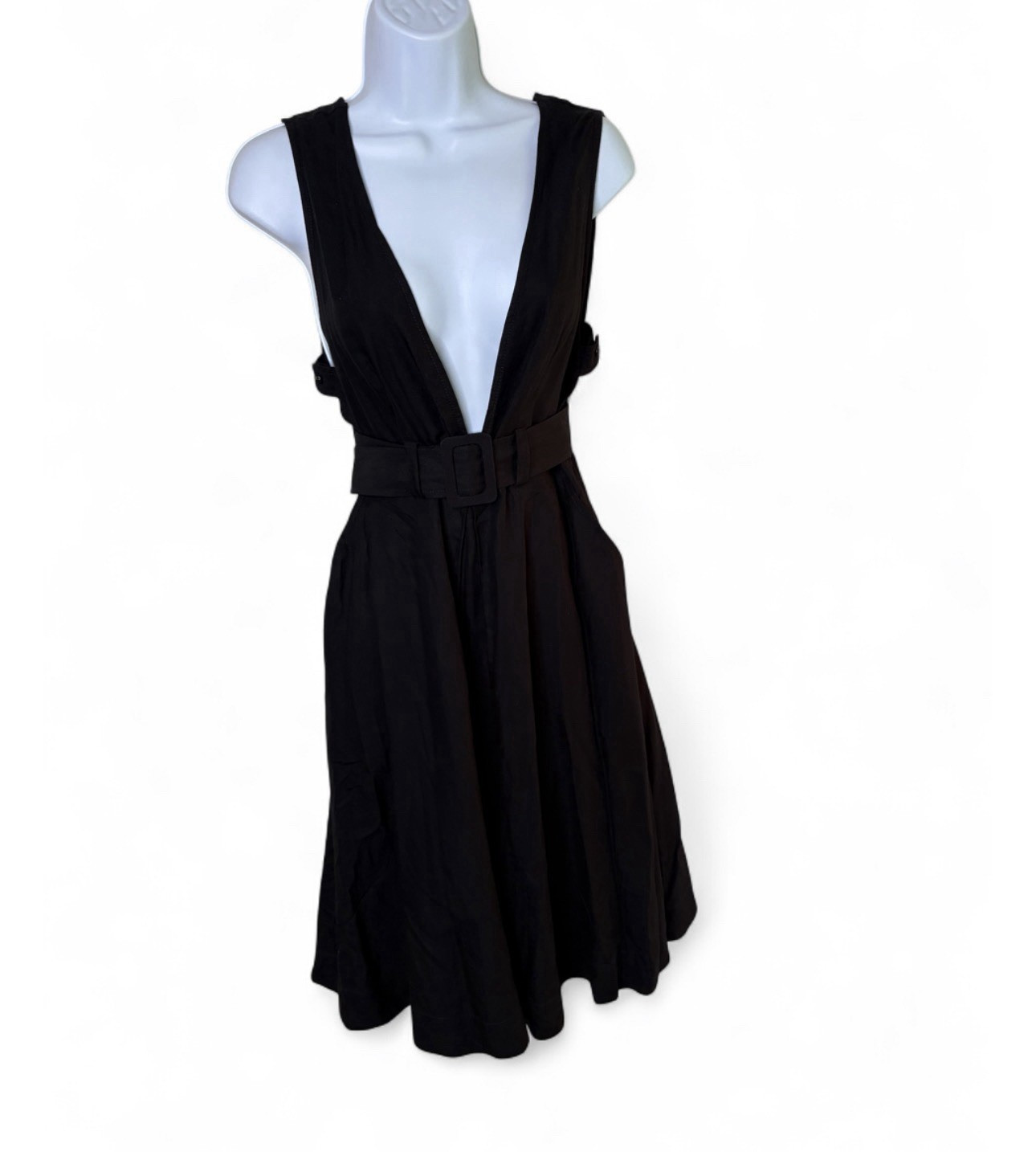 Maeve Anthropologie Plunge Deep V-Neck Belted A-Line Fit & Flare Dress Black Sz2