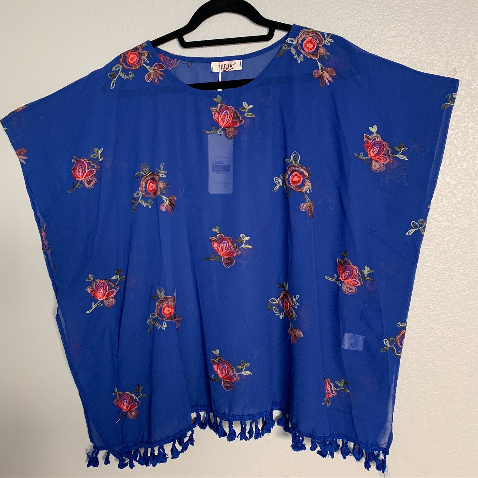 Tunic Women Floral Embroidered Sheer With Tassels One Size Fit Most NWT