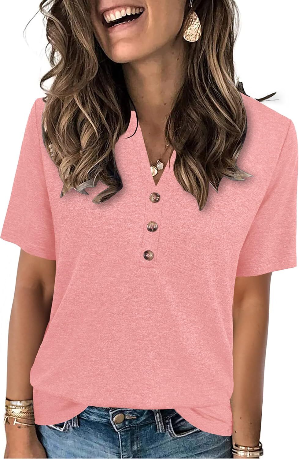 Women’s Short Sleeve Summer Top V Neck Button Down Casual Blouse for Work Beach