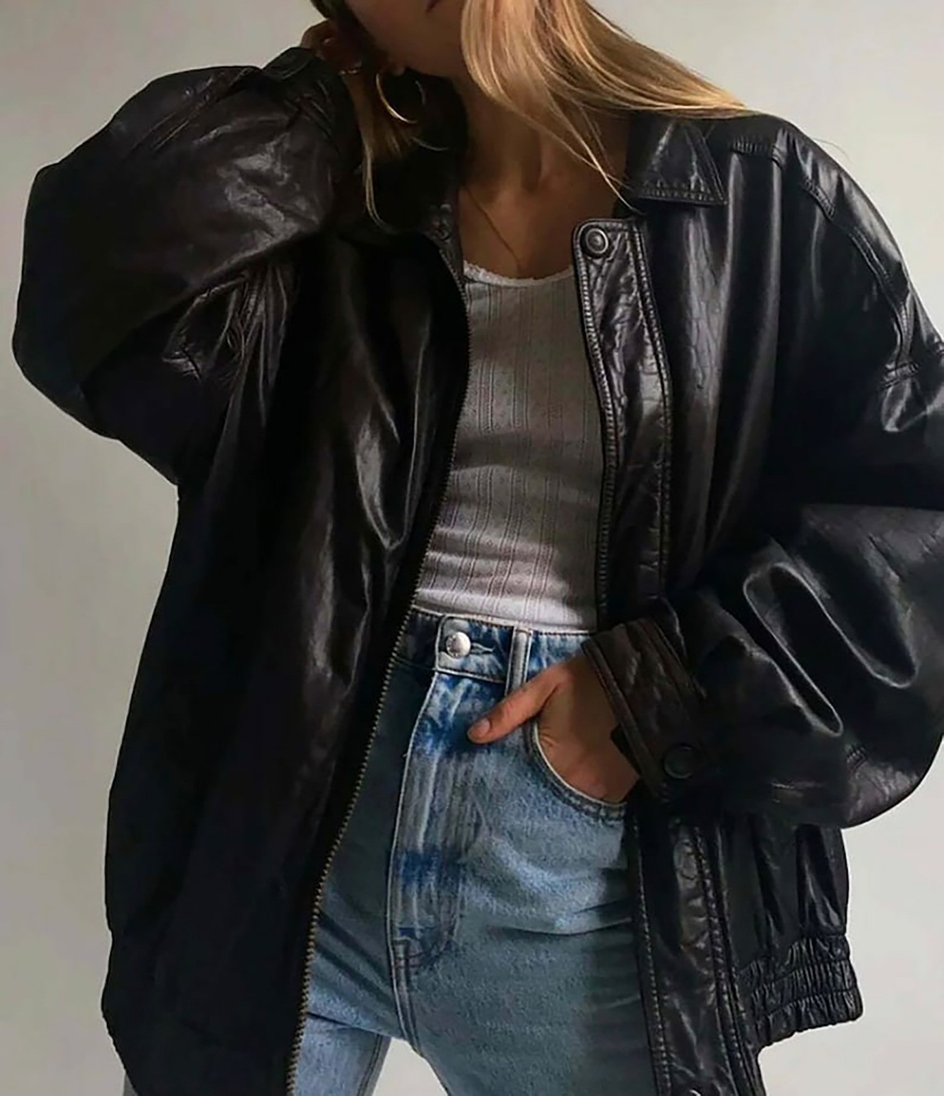 Womens Oversized Black Faux Leather Bomber Jacket Vintage Y2K Casual Coat