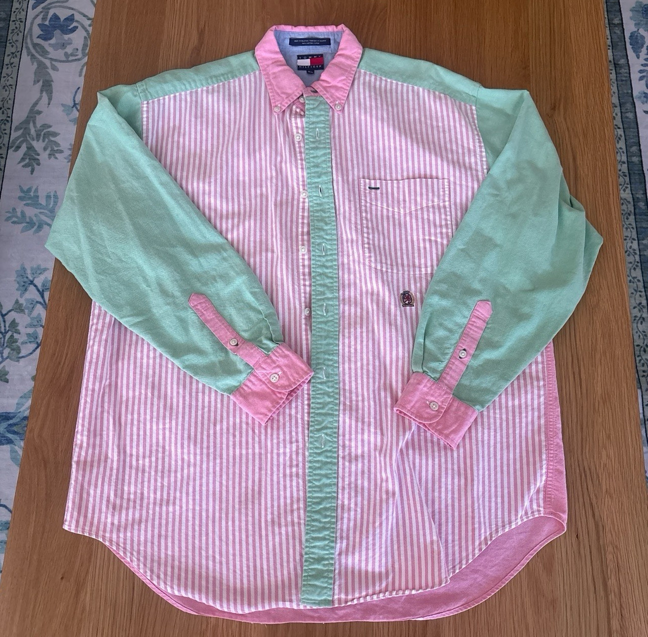 Tommy Hilfiger Men’s M Pink Green White Striped Button-Down Long Sleeve Shirt