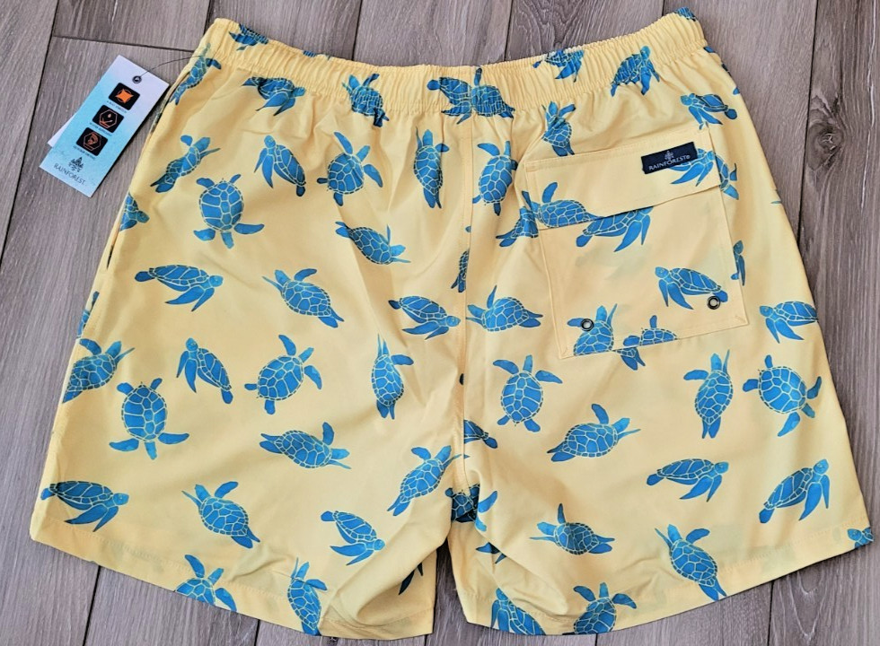 RainForest Mens Swim Trunks Shorts L Pull-On Stretch Waist Lined Turtles Yellow