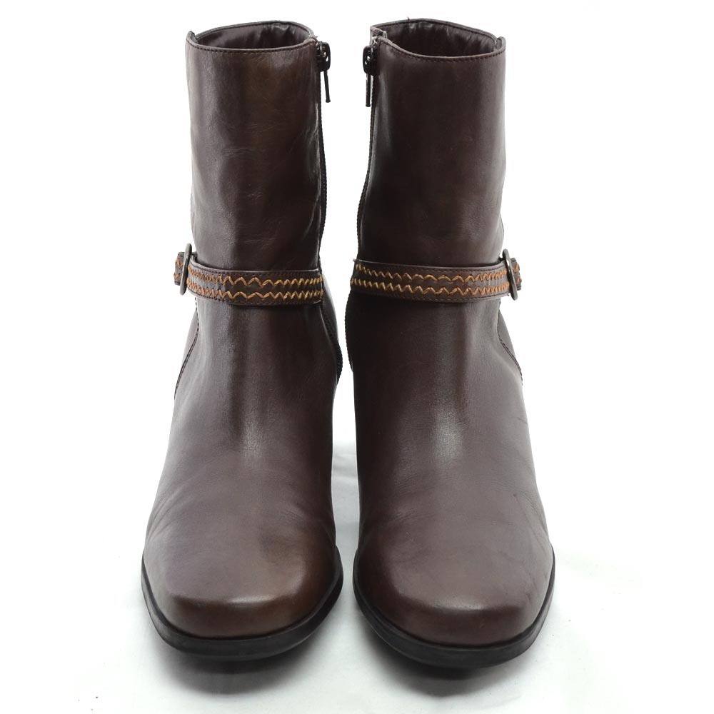 Ladies Clarks Buckle Zip Ankle Boot 10 M Brown Leather Chunky Heel Booties Shoes