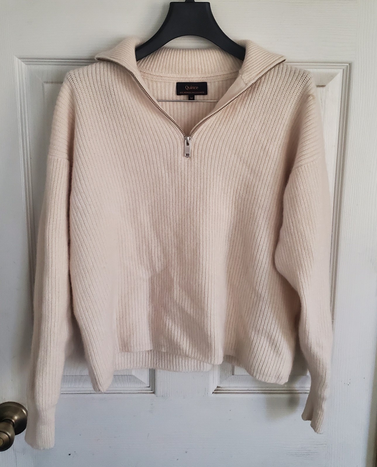 Quince Soft Cream Zip-Neck Ribbed Pullover Mongolian Cashemere Sweater, Size M