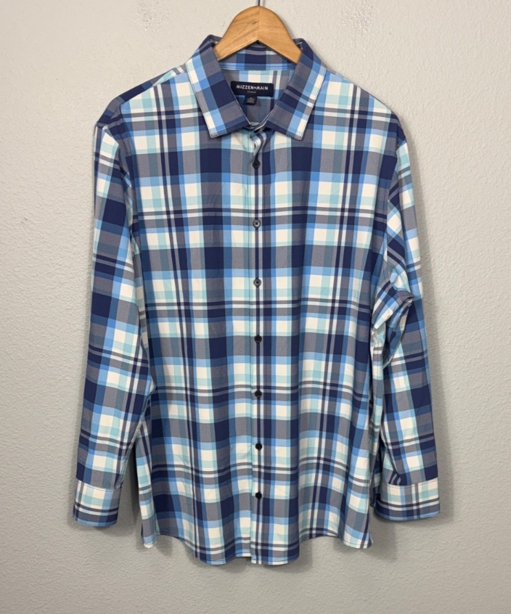 Mizzen+Main Leeward Long Sleeve Shirt Plaid Blue White X-Large Button Up