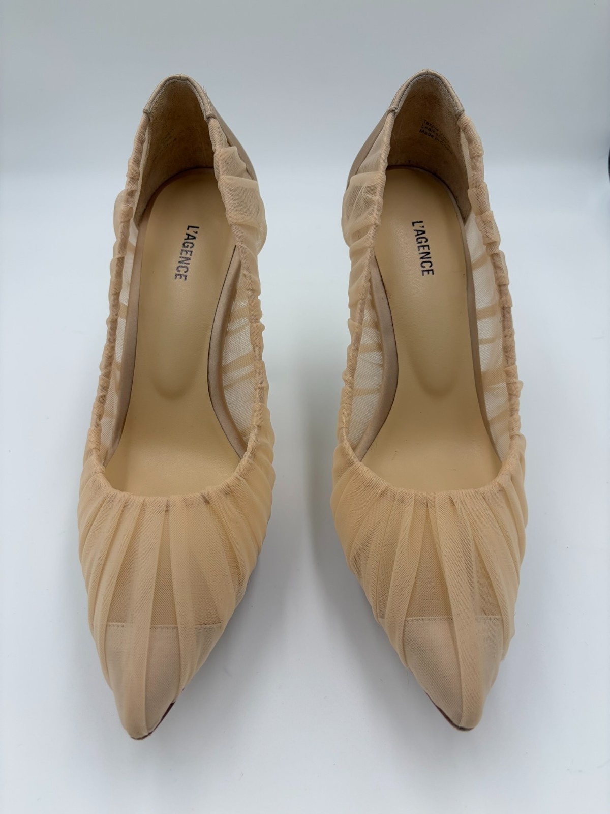 L’AGENCE Marie Pointed Toe Pumps Sheer Ruched Tulle Blush Excellent Pre-Owned 9