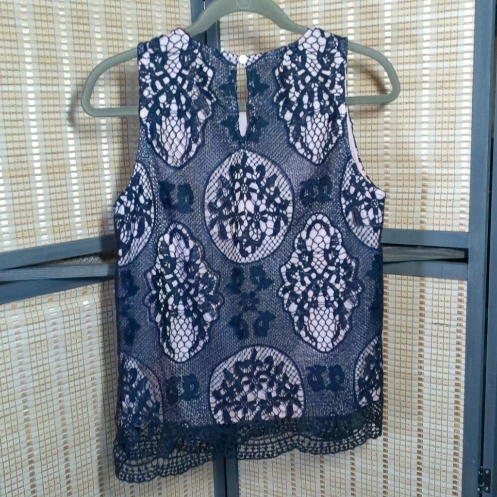 Navy Crochet Lace Over Pale Pink Shell