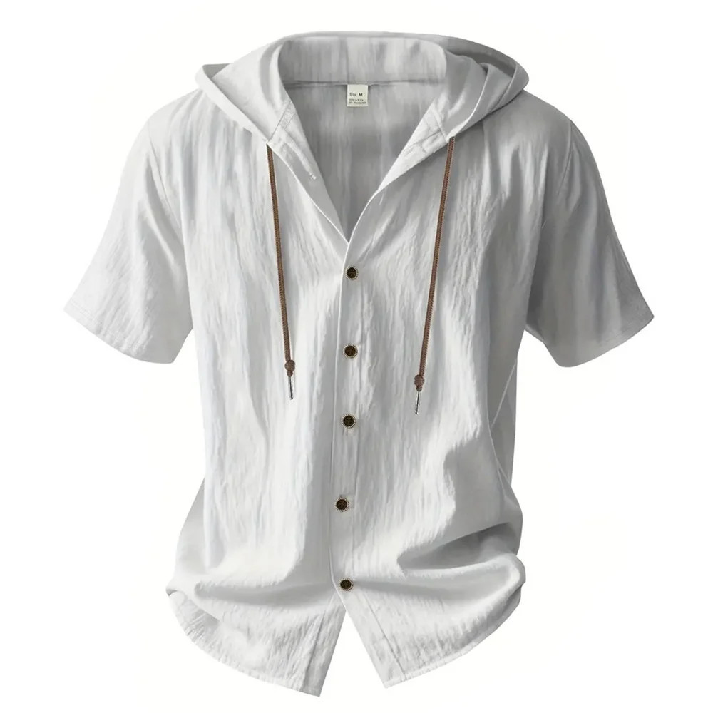 Men Cotton Linen Hooded Shirt Short Sleeve Breathable Casual Hoodie Summer Gift