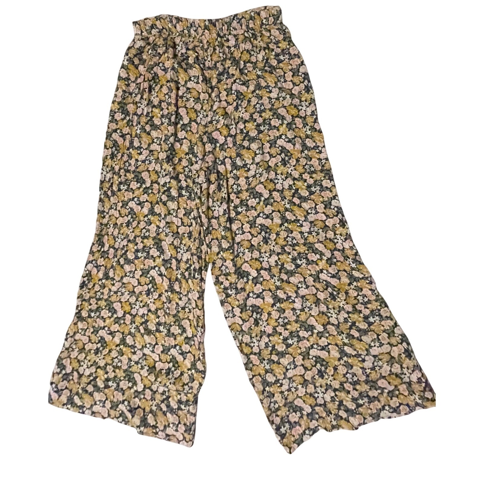 High Waisted Floral Wide Leg Crop Pants Flowy Culottes Mustard Pink Multi